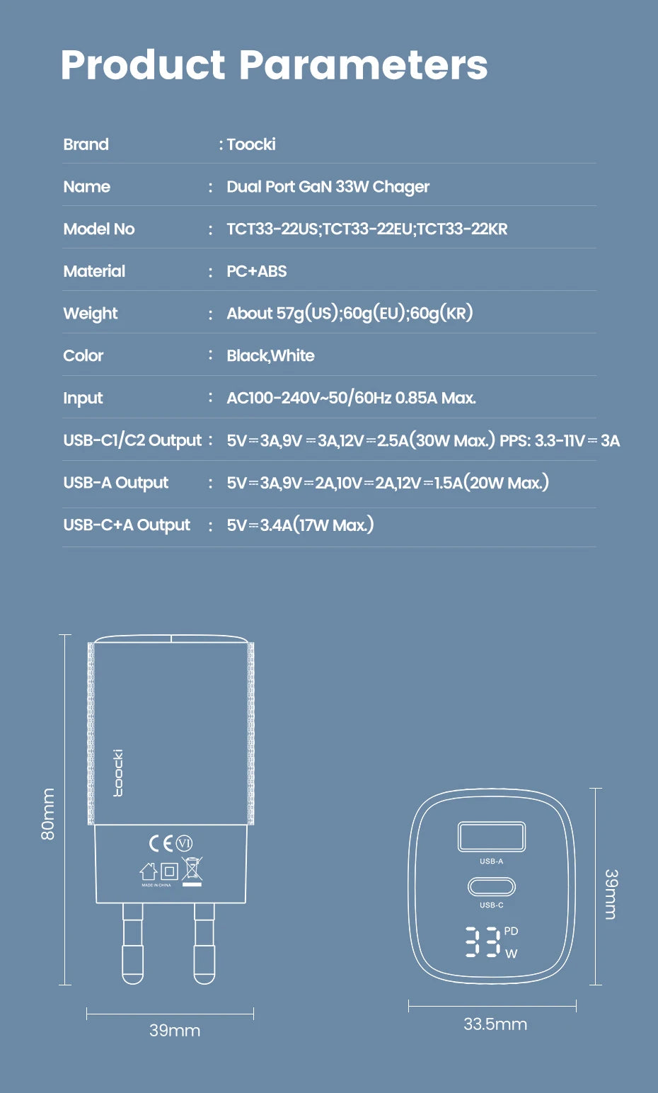 33W GaN USB C Charger Digital Display Fast Charging Type C Charger for iPhone 15 14 13 12 Samsung Galaxy S23 S22 Xiaomi