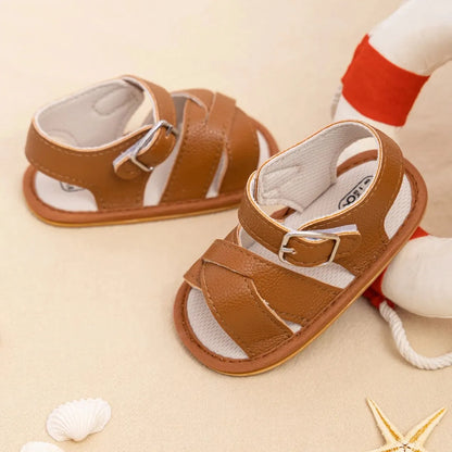 Meckior Newborn Baby Sandals Flats PU Leather Rubber Sole Anti-Slip First Walker Toddler Baby Girl Shoes Summer Infant Shoes