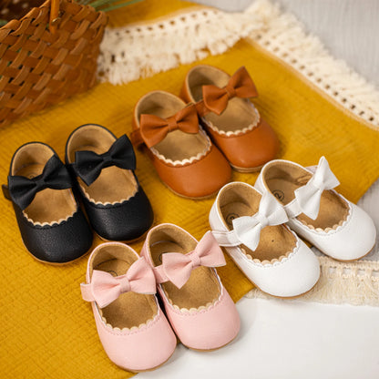 Retro New Newborn Baby Walking Shoes Spring Autumn Solid Color Bow Princess Shoes PU Anti-slip Soft Rubber Bottom Baby Casual