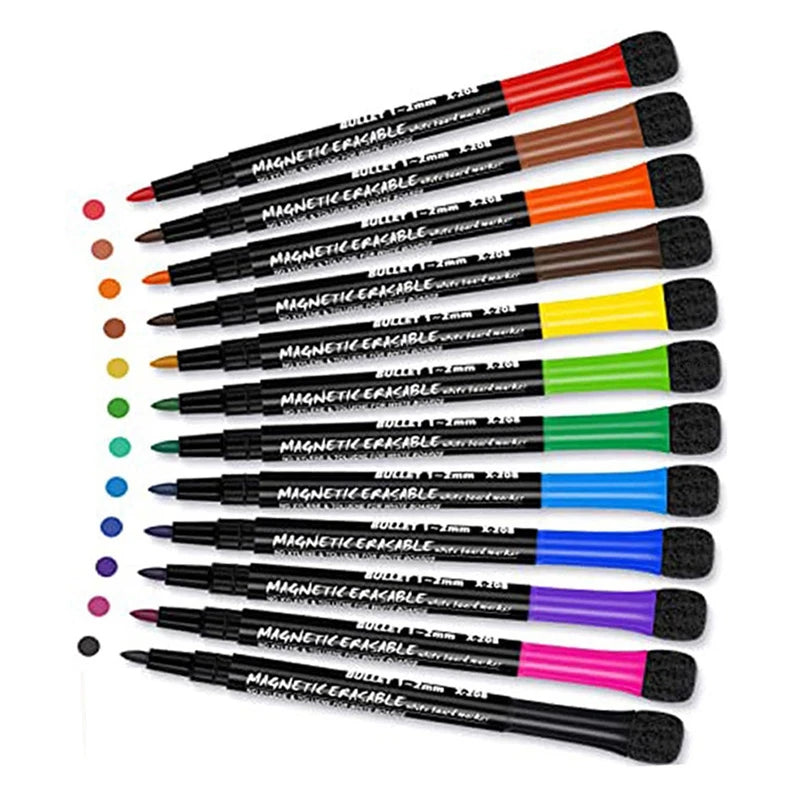 12Colors School Classroom Whiteboard Pen Dry White Board Markers Built In Eraser Student Children's Drawing Pen Stationery