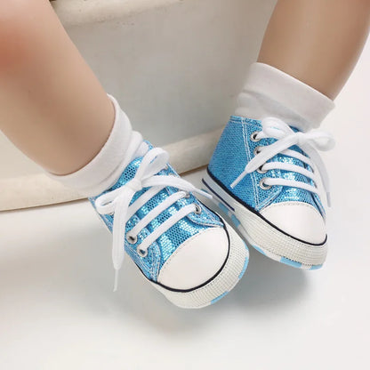 Meckior Baby Shoes Newborn Fashion Shining Canvas Sneakers Baby Boys Girls Shoes First Walkers Soft Anti-Slip Sole Toddler