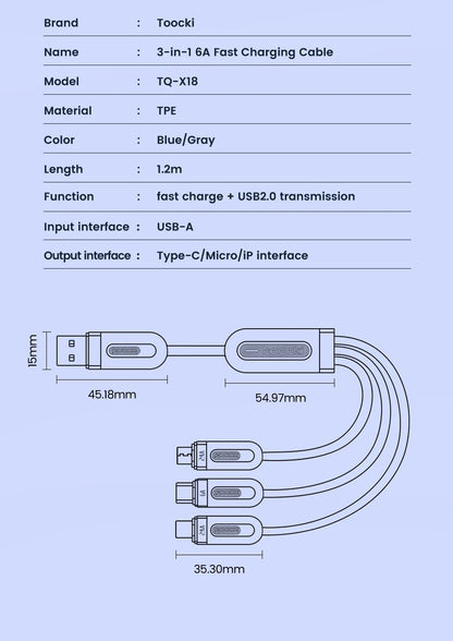 6A 3in1 Fast Charging Cable USB Type C Type-C Mobile Phone Cable for iPhone X Xiaomi Oneplus Realme Poco USB Micro Cables