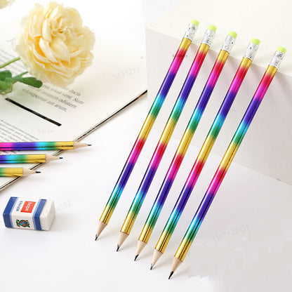 12PCS Kawaii Rainbow Wooden Pencil with eraser gift pencil sharpener Kids HB Pencils Sketch Drawing School  Stationery Supplies