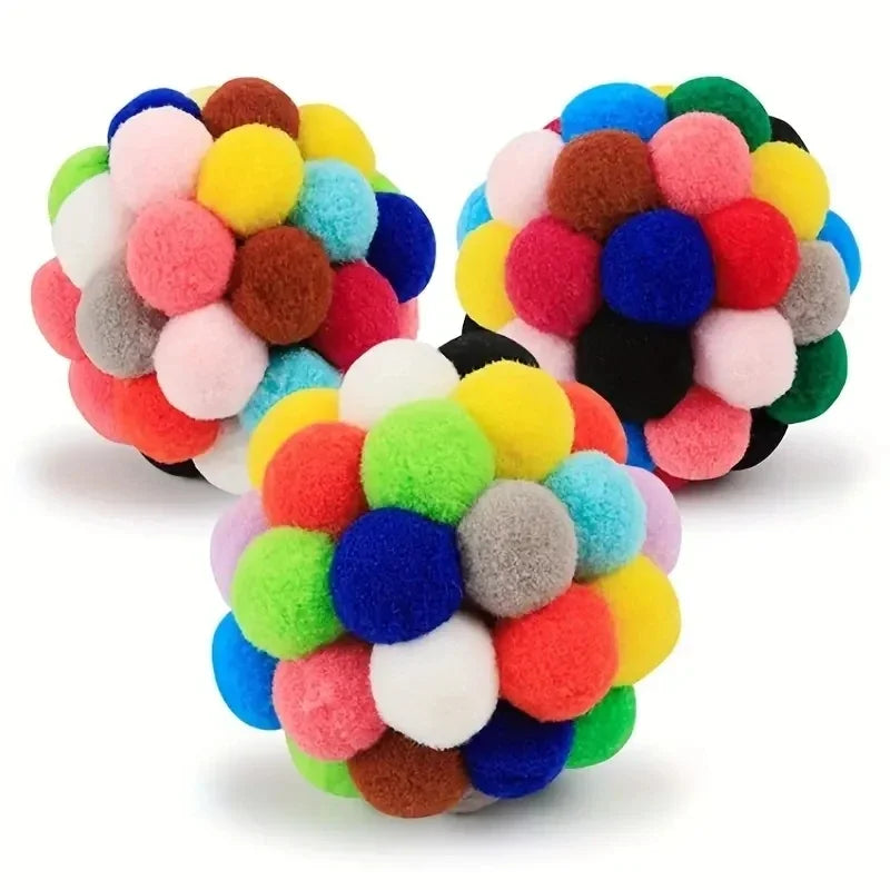 3PCS Cat Toys Cat Plush Ball Toy Pet Elastic Bell Ball Self Hi Ball Playing Cat Colorful Woolen Ball