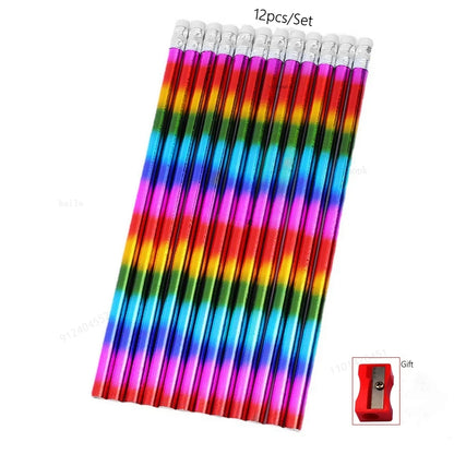 12PCS Kawaii Rainbow Wooden Pencil with eraser gift pencil sharpener Kids HB Pencils Sketch Drawing School  Stationery Supplies