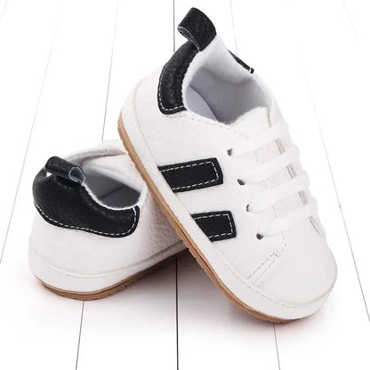 Meckior Striped Baby PU Leather Casual Sneakers Toddler Shoes Newborn Non-slip Rubber Sole Lace-up Infant Boy Girl Shoes