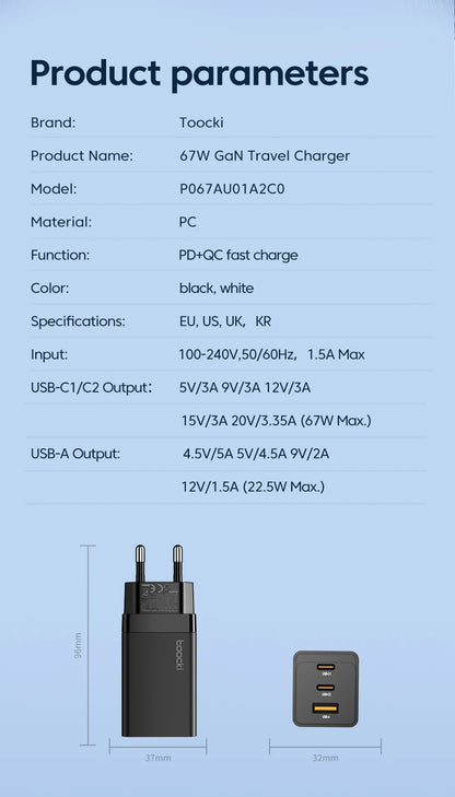 67W GaN USB C Charger 65W Quick Charge QC 4.0 PD 3.0 45W Type C Fast USB Charger For iPhone 16 15 14  Pro Samsung MacBook