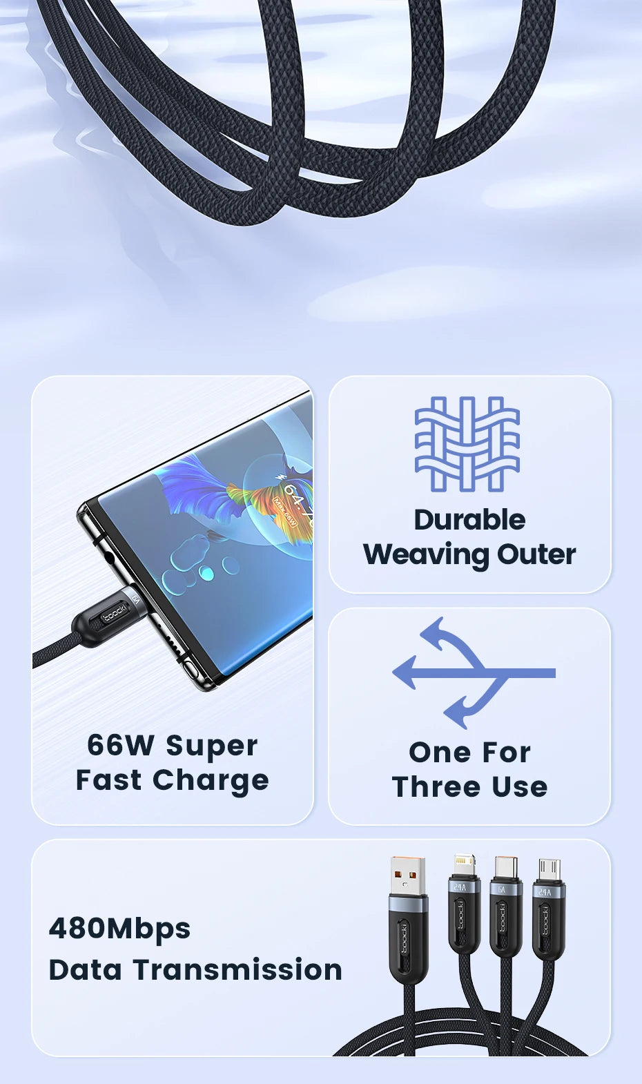 6A 3in1 Fast Charging Cable USB Type C Type-C Mobile Phone Cable for iPhone X Xiaomi Oneplus Realme Poco USB Micro Cables