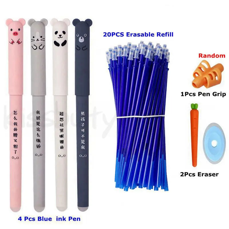 Kawaii Erasable Gel Pen Set Cartoon Animals Cute Cat Erasable Pen Erasable Refill Rod Washable Handle Pen Grip School Stationery