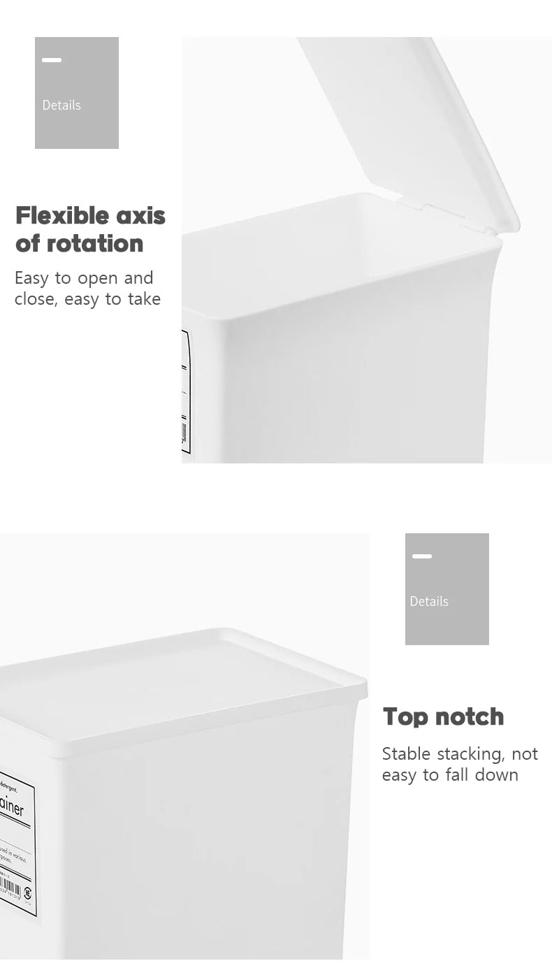 Washing powder storage box, storage box size with lid, classified Japanese plastic bucket can