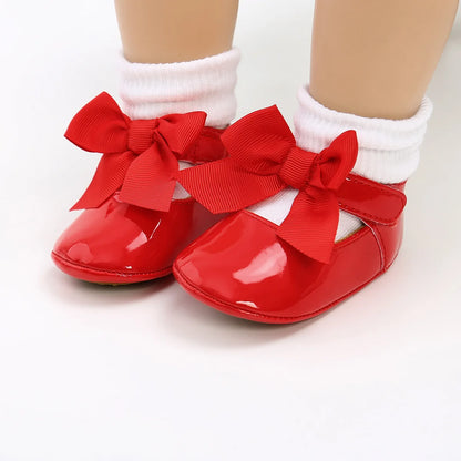 Meckior Baby Shoes Bowknot Rubber Sole Anti-slip PU Ballet Slippers Baby Girl Dress Shoes First Walker Toddler Crib Shoes