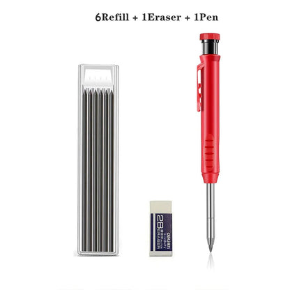 Solid Carpenter Pencil Set With 6 Refill Leads Built-in Sharpener Marking Tool Woodworking Deep Hole Mechanical Pencils