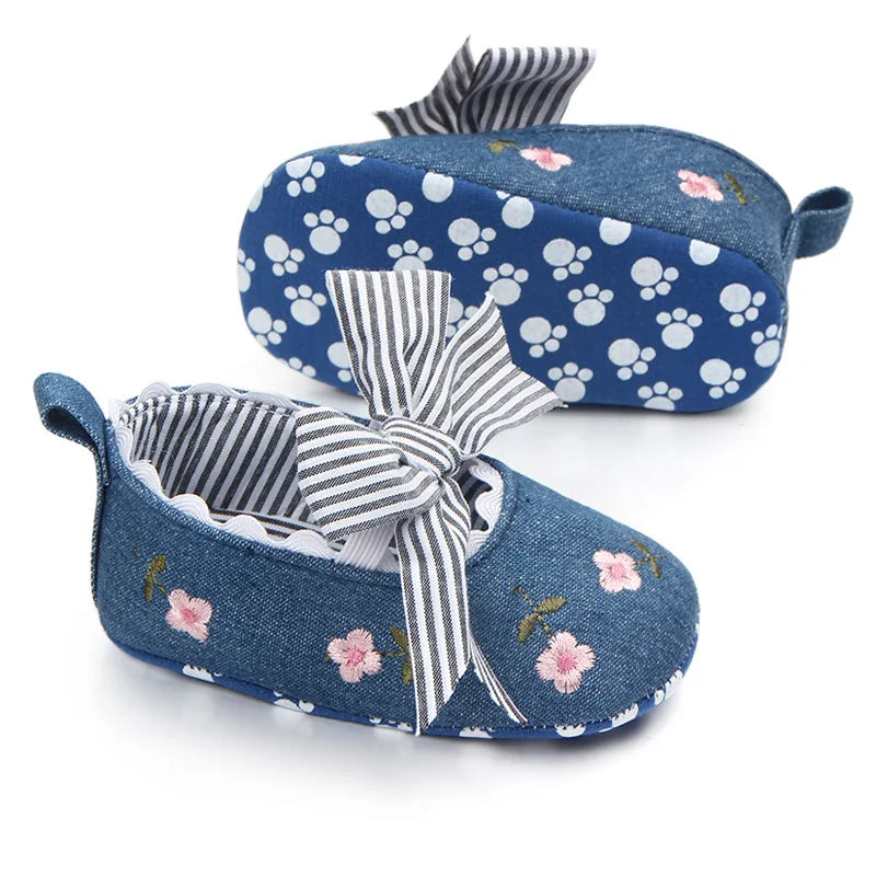 Meckior New Printed Baby Girl Shoes Bowknot Soft Sole Anti-slip Shallow Baby Girls Princess Shoes First Walker Crib Shoes