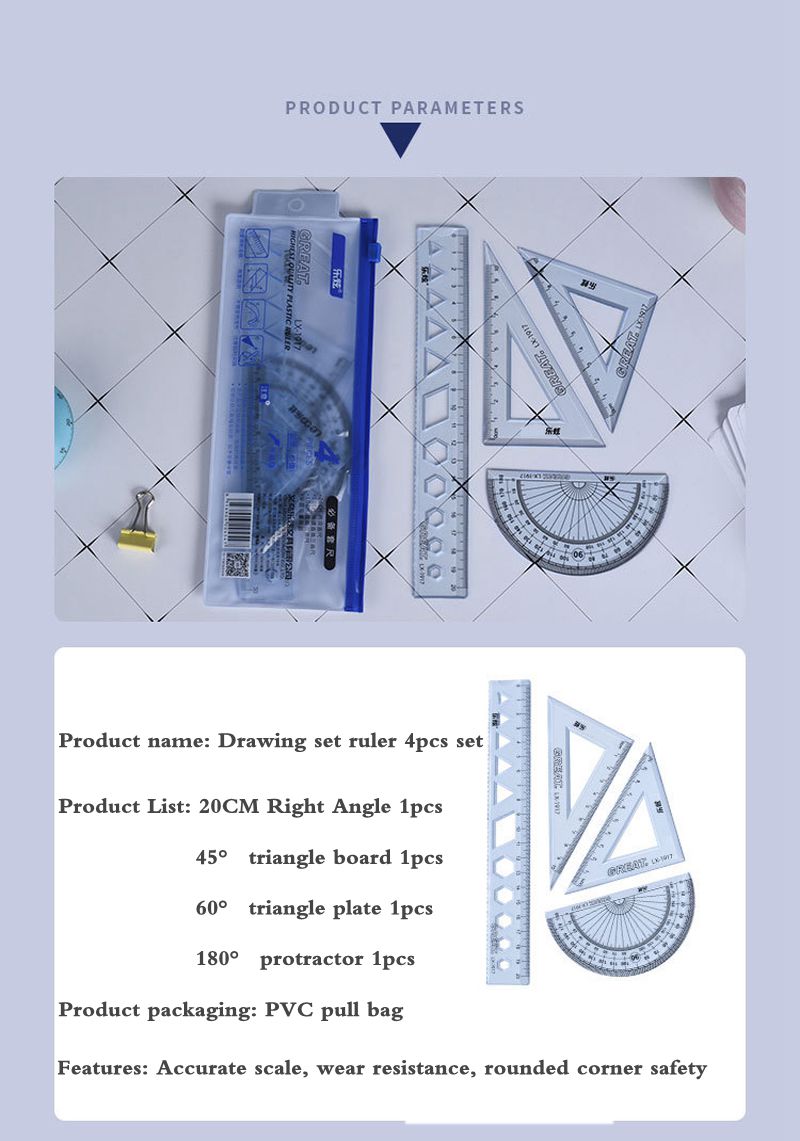 4PCS/Set Drawing Ruler Measurement Geometry Triangle Ruler Straightedge Protractor variety Rulers School&Office Stationery