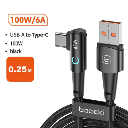 6A USB C Cable 90 Degree For OPPO 100W Fast Charging Cord For Honor Huawei Oneplus Realme Charger Data Wire