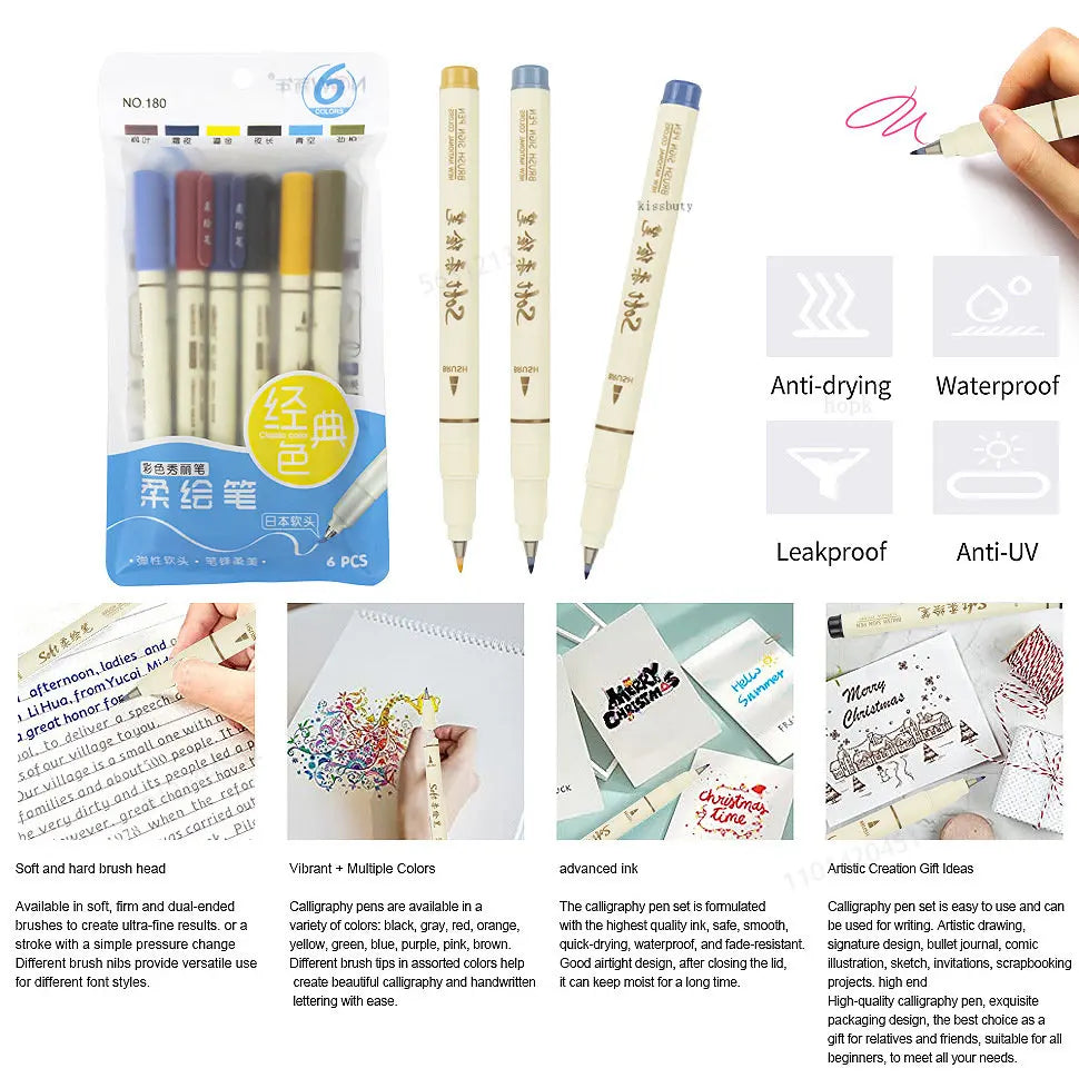 6pcs New Retro Color Lettering Painting Art Marker Pens Set Soft Brush Tip Fine Line Calligraphy Design Drawing Art Stationery