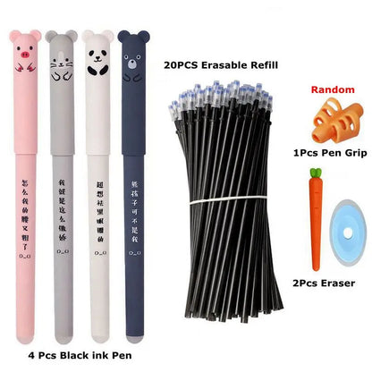 Kawaii Erasable Gel Pen Set Cartoon Animals Cute Cat Erasable Pen Erasable Refill Rod Washable Handle Pen Grip School Stationery