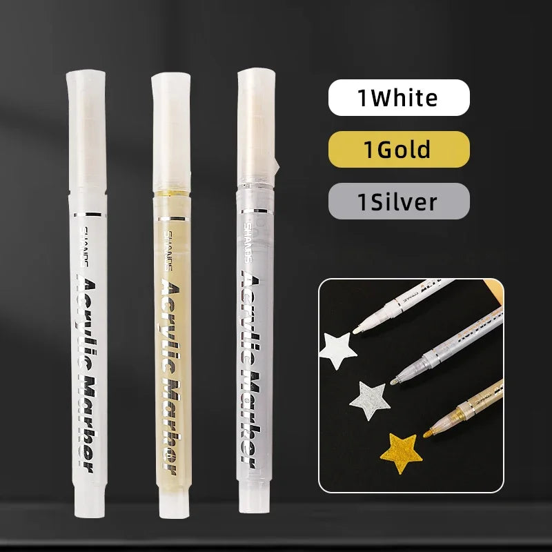 1/3Pcs/Set High-gloss Acrylic Markers Gold, Silver and White Painting Graffiti Pens, Waterproof Ink, Water-based Acrylic Markers