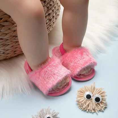 Meckior Baby Boys Girls Sandals Fluffy Baby Shoes Newborn Cotton Soft Sole Anti-Slip Toddler First Walkers Baby Slippers Indoor