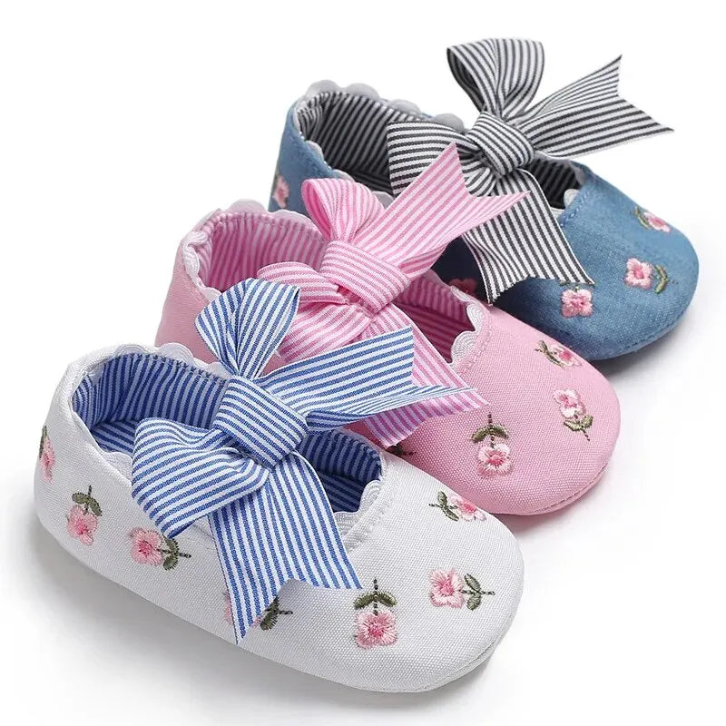 Meckior New Printed Baby Girl Shoes Bowknot Soft Sole Anti-slip Shallow Baby Girls Princess Shoes First Walker Crib Shoes