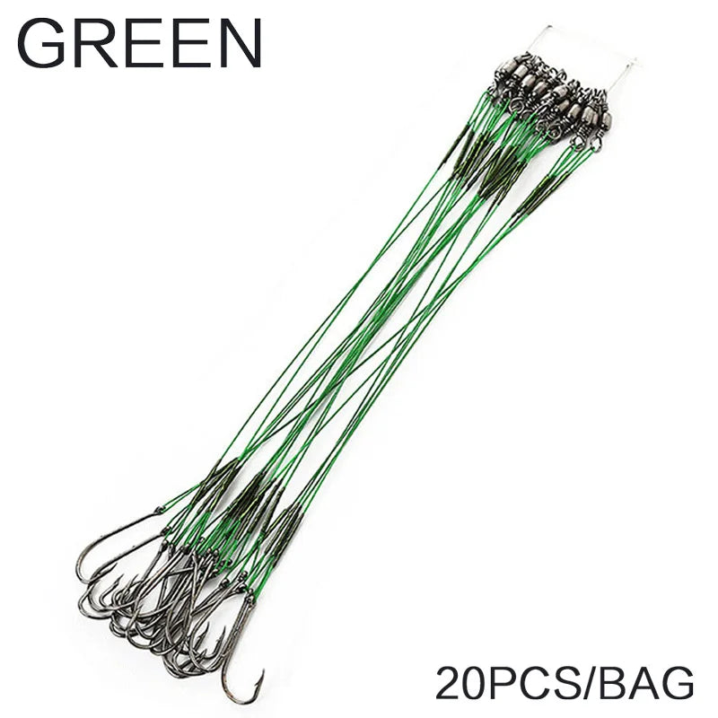 Anti Bite Steel Fishing Line Steel Wire Leader With #1 Hook With Swivel 50LB 20Pcs/Bag 3 Colors Fishing Tackle Gear