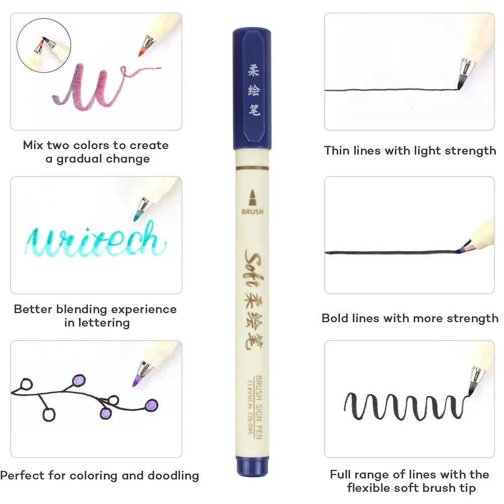 6pcs New Retro Color Lettering Painting Art Marker Pens Set Soft Brush Tip Fine Line Calligraphy Design Drawing Art Stationery