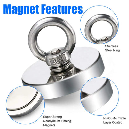 D48 D60 D75 D90 Super Strong Neodymium Fishing Magnets, Rare Earth Magnet with Countersunk Hole Eyebolt for Retrieving in River