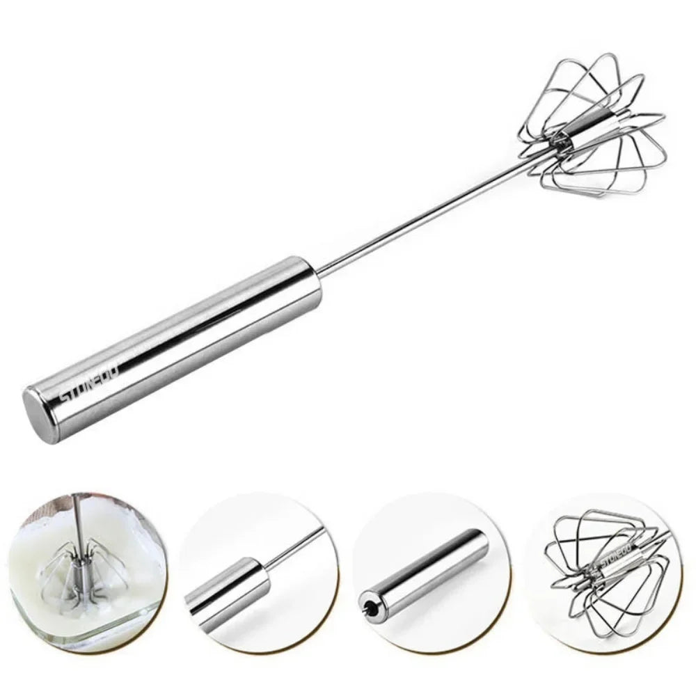 Kitchen Stainless Steel Whisk Creamer Semi-automatic Rotary Whisk Beech Wood Vase Handle Hand Mixer Cooking Baking