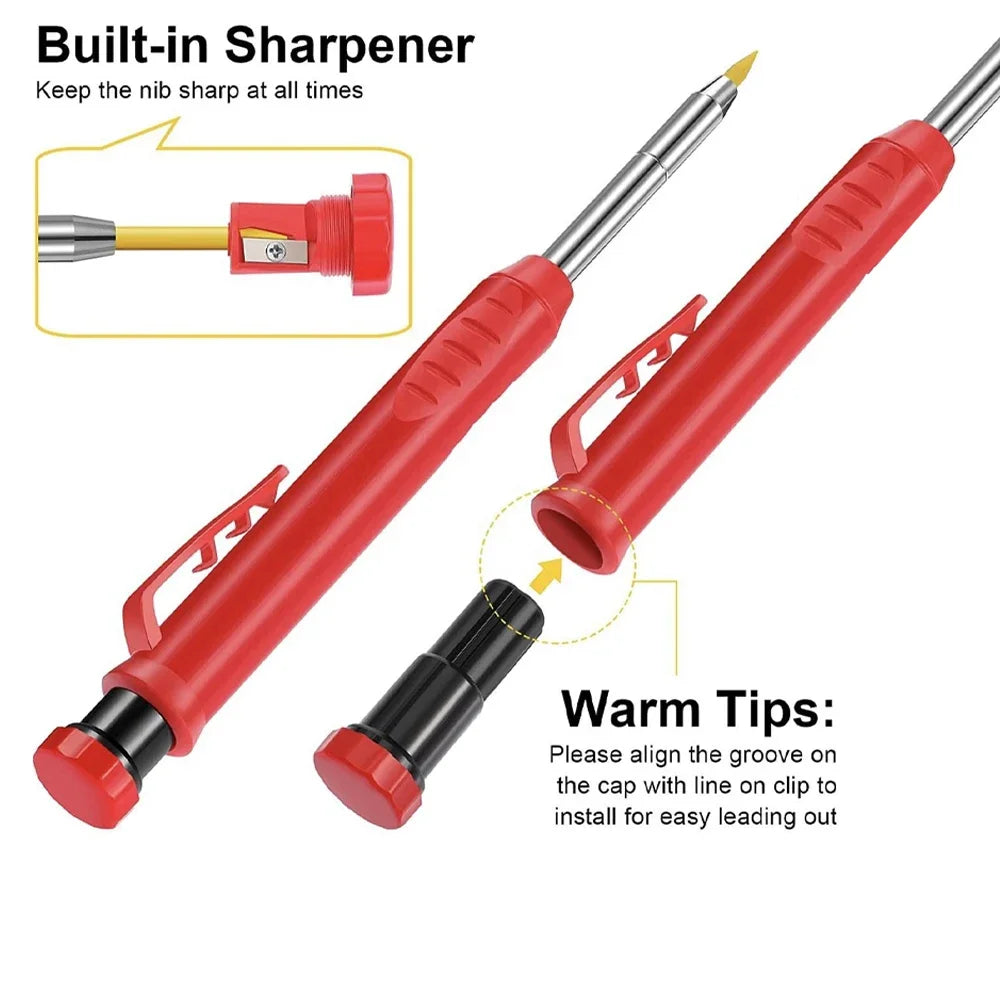 Solid Carpenter Pencil With Refill Lead And Built-in Sharpener For Deep Hole Mechanical Pencil Scribing Marking Woodworking Tool