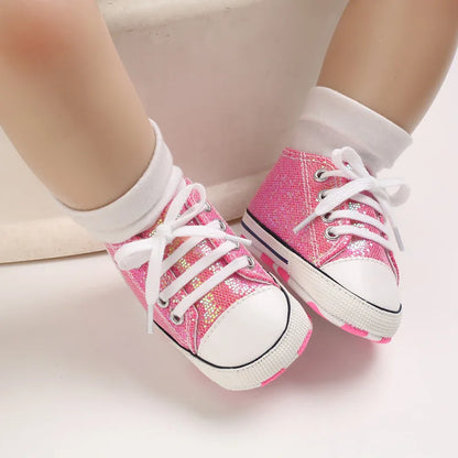 Meckior Baby Shoes Newborn Fashion Shining Canvas Sneakers Baby Boys Girls Shoes First Walkers Soft Anti-Slip Sole Toddler