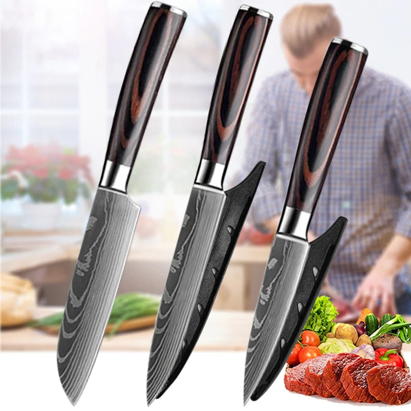 3 Pcs Set Kitchen Knives Set Stainless Steel 7CR17 440C Laser Damascus Japanese Santoku Cleaver Slicing Utility Chef Knife