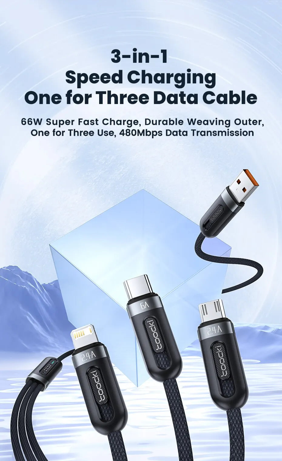 6A 3in1 Fast Charging Cable USB Type C Type-C Mobile Phone Cable for iPhone X Xiaomi Oneplus Realme Poco USB Micro Cables